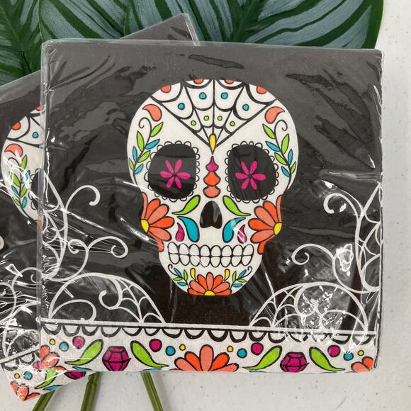 Unique Black Day Of The Dead Sugar Skull Halloween Paper Party Desert Napkin Set - Picture 4 of 4